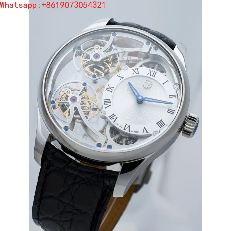 The Great Qin Empire YINGHUA forward and reverse double tourbillon flying suspension watch men's luminous mechanical watch steel view 4