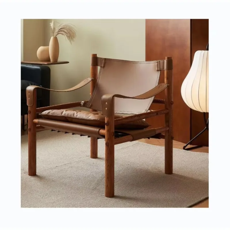الشمال الرجعية خشب متين كرسي أريكة واحد غرفة المعيشة شرفة السرج الجلود مصمم الرماد الخشب كرسي من الجلد البني #1