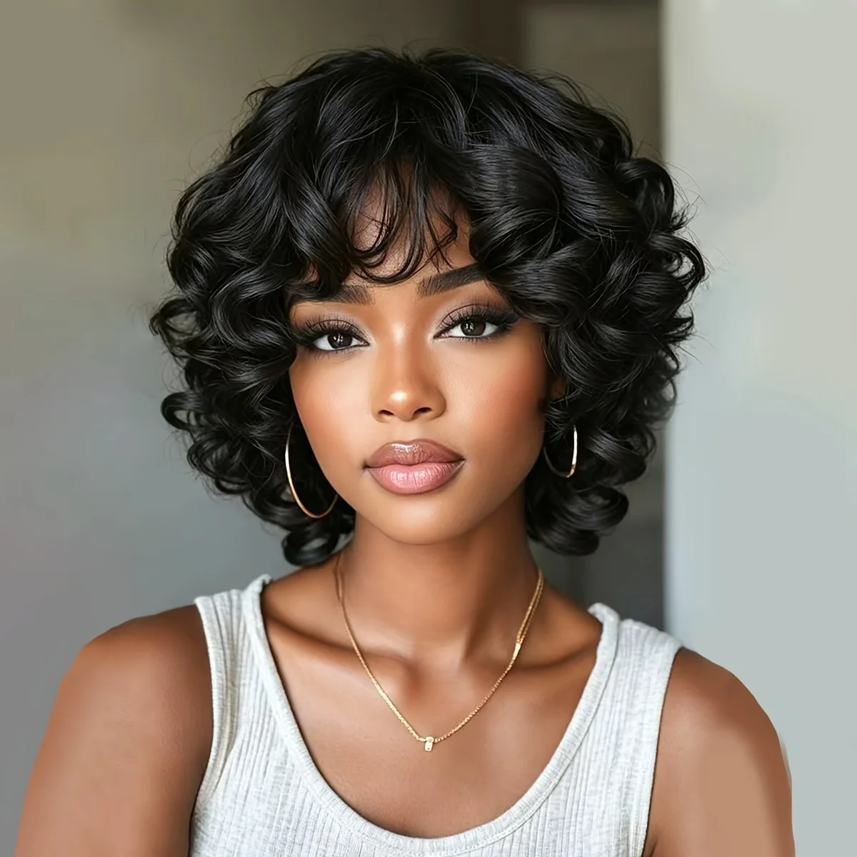 Short Bouncy Loose Curly Bob Wig with Bangs Natural Afro Egg Curly Wig Human Hair for Daily Wear, Cosplay & Dreadlock-Style Look