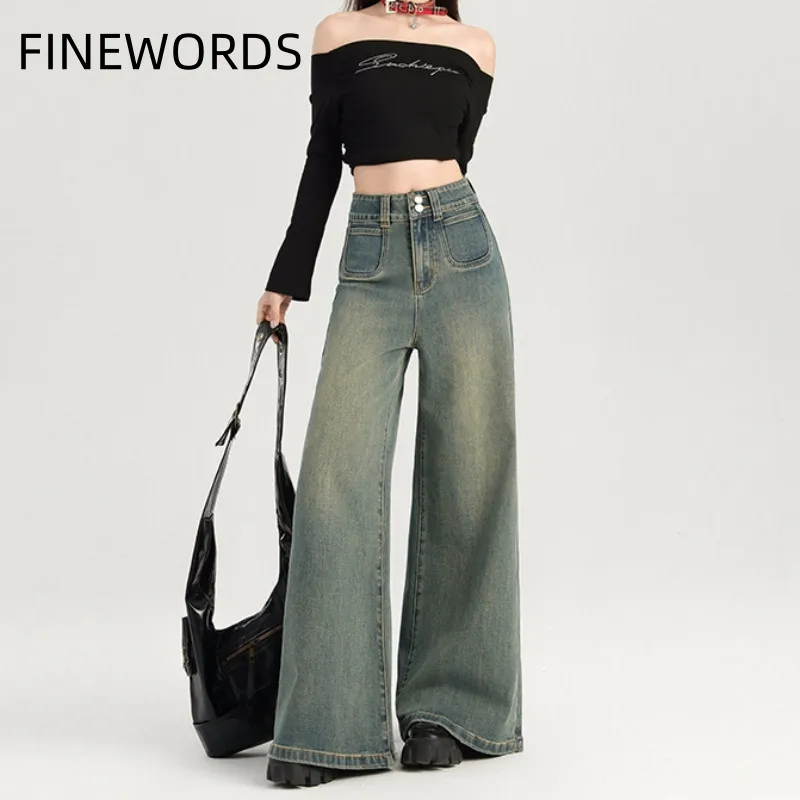 

FINEWORDS High Waist Vintage Flared Jeans Women Korean Baggy Bell Bottom Jeans Casual Streetwear Loose Denim Pants