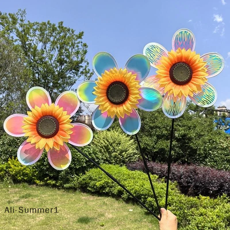 【E】1 Piece Colorful Film Illusionary Flame Color Changing Sunflower Windmill Double-layer Wind Spinner Kids Toys Garden Decor