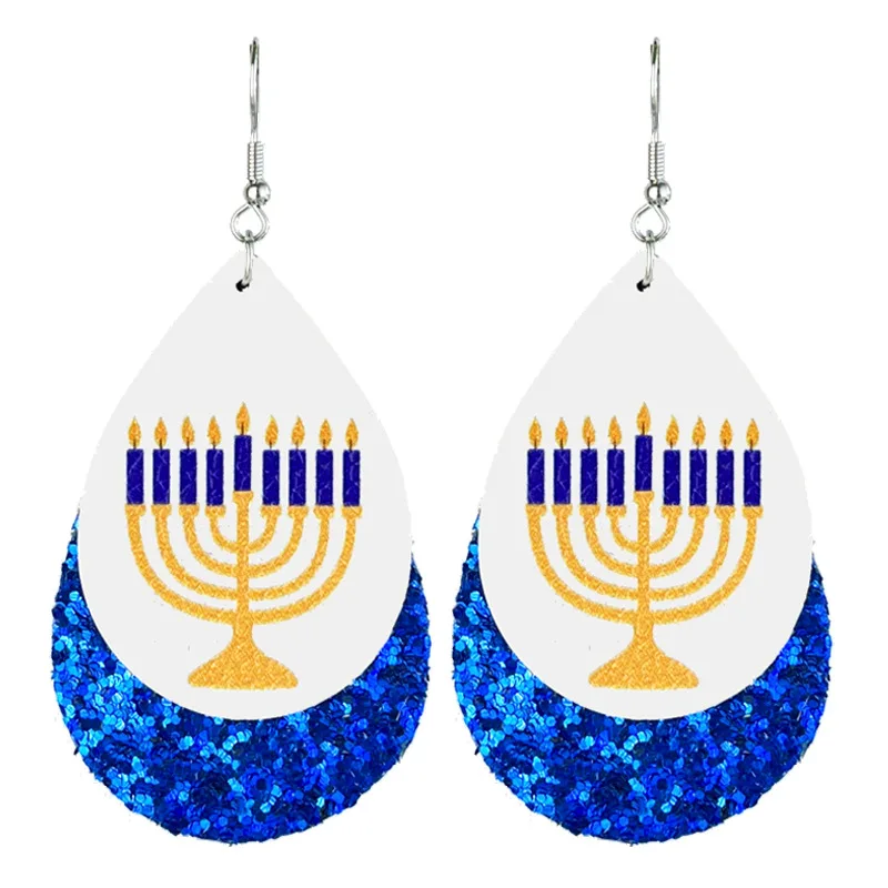 Hanukkah Festive Atmosphere Double-layer Leather Shiny Earrings Candle Holder Happy Hanukkah 2024 Jewelry