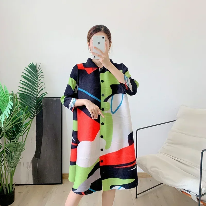 YUDX Miyake Wrinkled Collar Jacket Early Autumn Temperament Large Size Belly Covering Dress Medium Length Printed Cardigan 2024