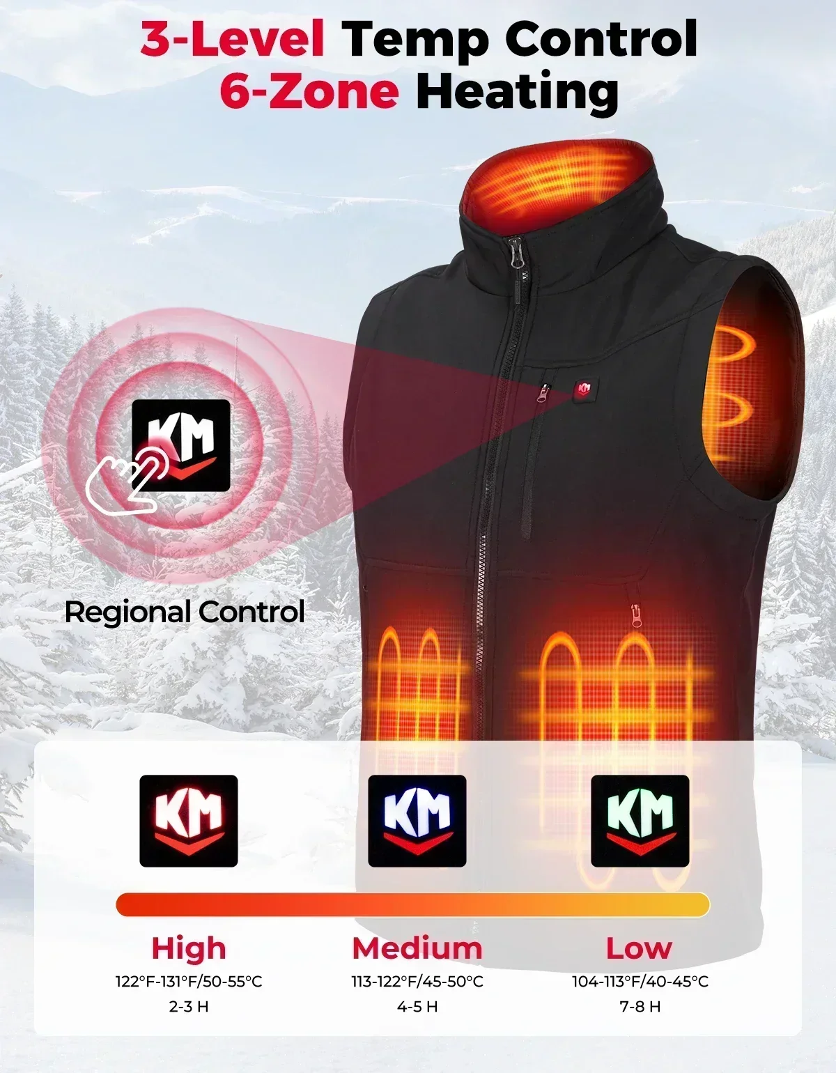 KEMIMOTO Electric Heated Vest USB Heated Jacket Men Women Winter Warmer APP Control Outdoor Sport Skiing Hiking Washable