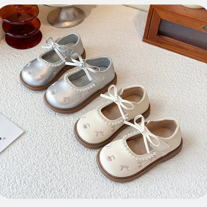 

Spring Kids Girls Mary Jane Shoes Cute Bow Tie Pearl Trim Flats Princess Dress Leather for Party Girls Breathable Shoes