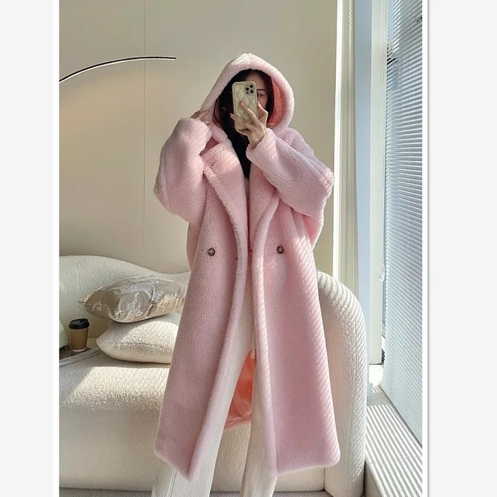 Manteau ours en peluche à capuche mi-long pour femme, manches longues, fausse fourrure, blanc, épais, chaud, femme, hiver, nouveau, 2023