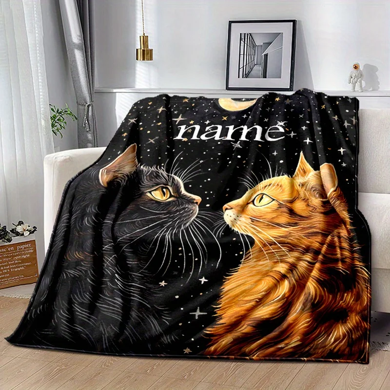 

Персонализированное фланелевое одеяло из полиэстера с настраиваемыми именами, с черными и оранжевыми котами, толстым плетением, всесезонным диваном.