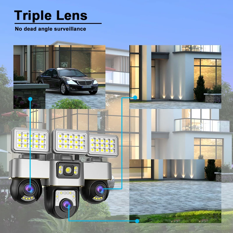 واي فاي كاميرا مراقبة بعدسة ثلاثية 12MP في الهواء الطلق PTZ CCTV كامل اللون للرؤية الليلية إضاءة مقاومة للماء كاميرا ويب اتجاهين الصوت