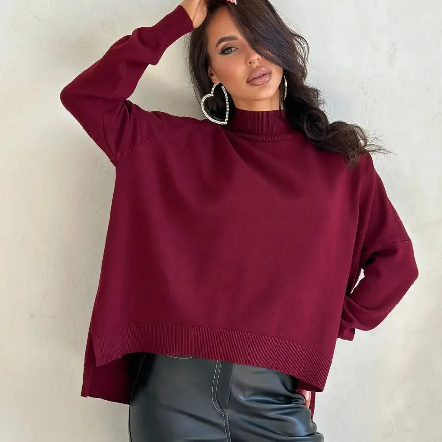 

Thin Semi High Neck, Front Short, Back Long Knit Sweater, Plus Size Top