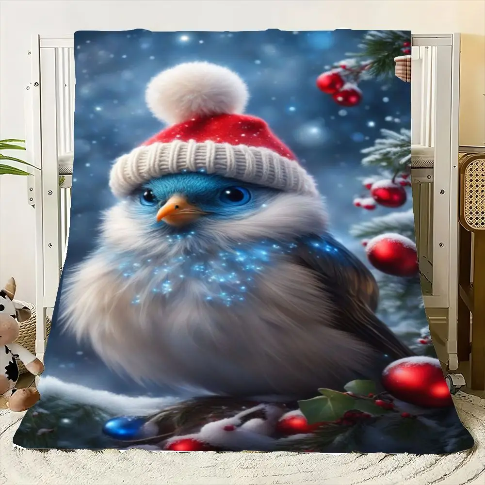 Charming Cute Fluffy Bird Winter Hat Throw Blanket - Cozy Polyester Soft Blanket Featuring a Whimsical Snowy Scene with Blue and