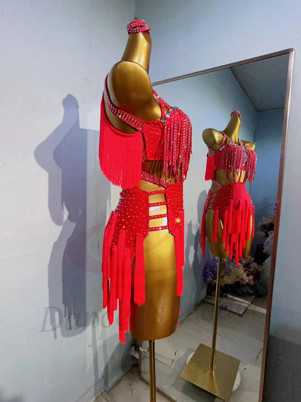 Robe de danse latine pour adultes et enfants, pierre AB, haut de gamme, personnalisé, pompon rouge creux, Cha Tango, vêtements professionnels pour femmes