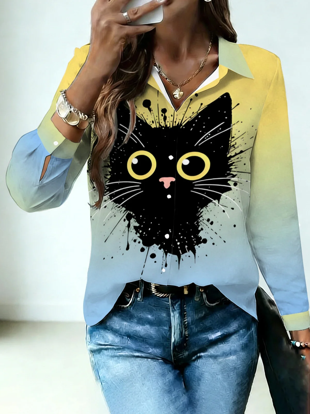 Cool Ink Splash Kitten Womens Collared Shirt Yellow Light Blue Gradient Big Eye Black Cat Allover Print Long Sleeve Travel Stree