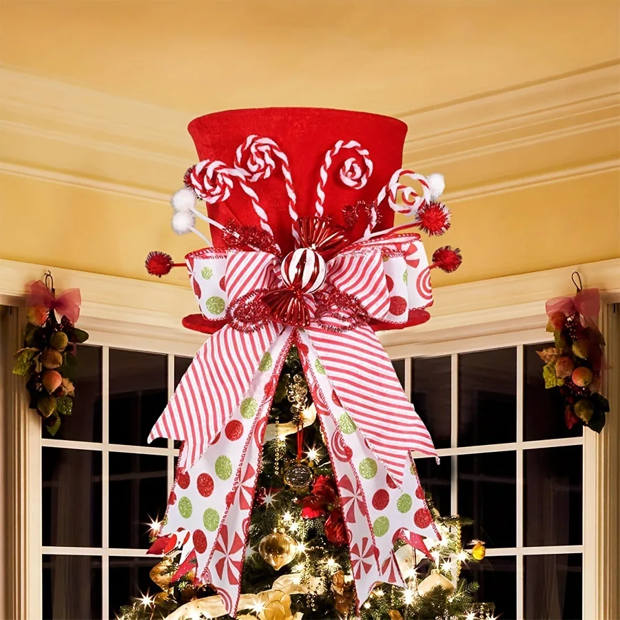 

Candy cane Christmas tree top, velvet red tree top hat and bow ribbon decoration, top hat Christmas tree top Christmas gift