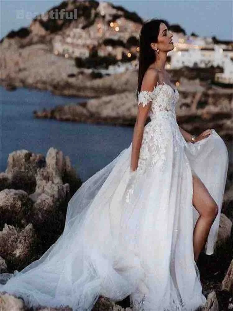 2024 Custom Beach Wedding Dress For Women Sweethear Sleeveless Appliques A-Line Tulle Bridal Gown Side Split Vestidos de novia