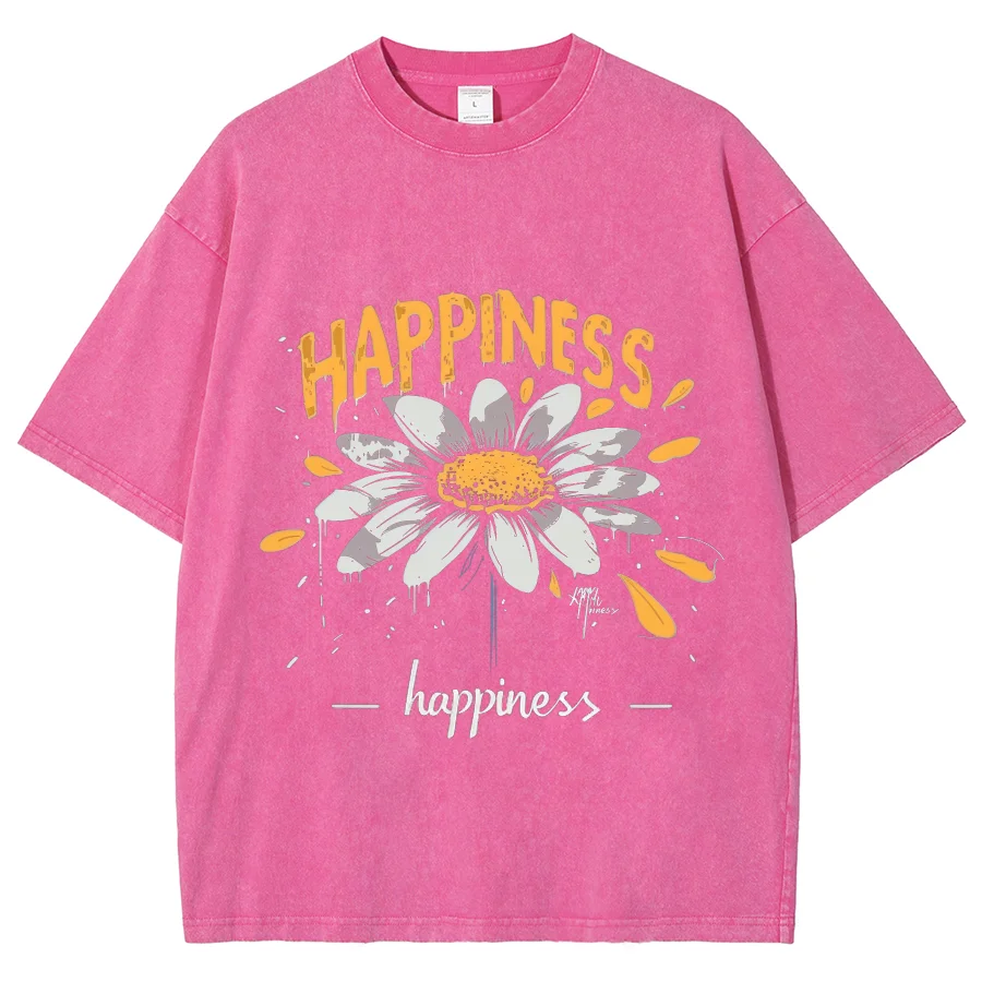 

Happiness Letter Printing T-Shirt Unisex Fit Washed Customscool Sports Plus Size T-shirts Round Neck European and American