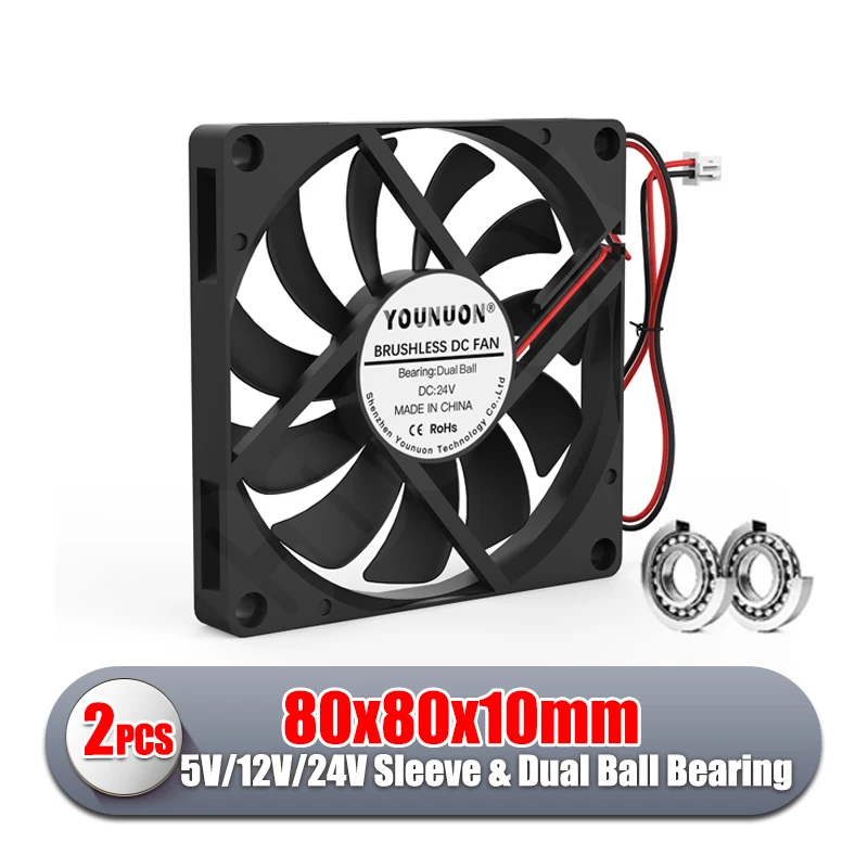 2 Pieces 80mm 5V USB Fan 80cm 80x80x10mm 5V 12V 24V Cooling Cooler Fan Dual Ball Bearing&Sleeve Bearing 8010 Computer Case Fan