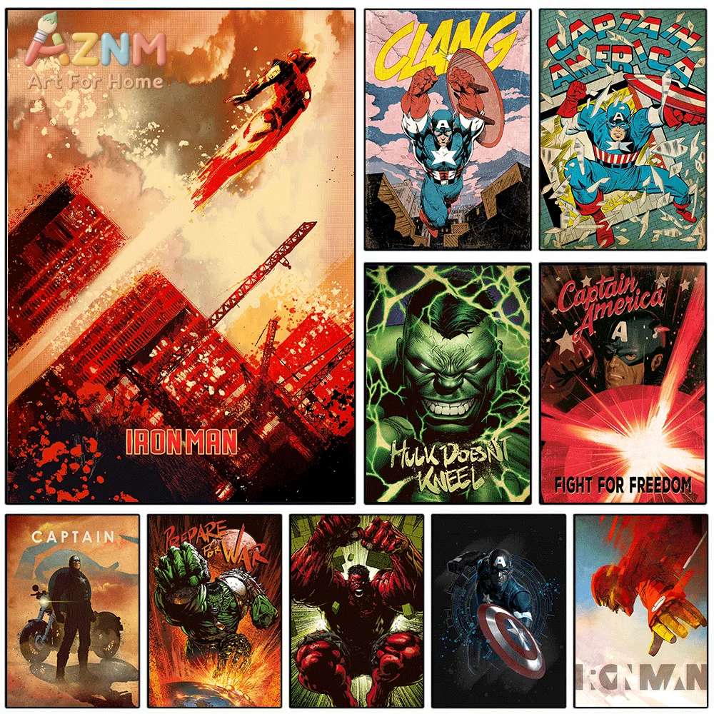 AZNM - Lienzo Decorativo Retro de los Vengadores, Impresión sin Marco, Cómic Vintage, Hulk, Iron Man, Capitán América, Thor, Póster de Personajes