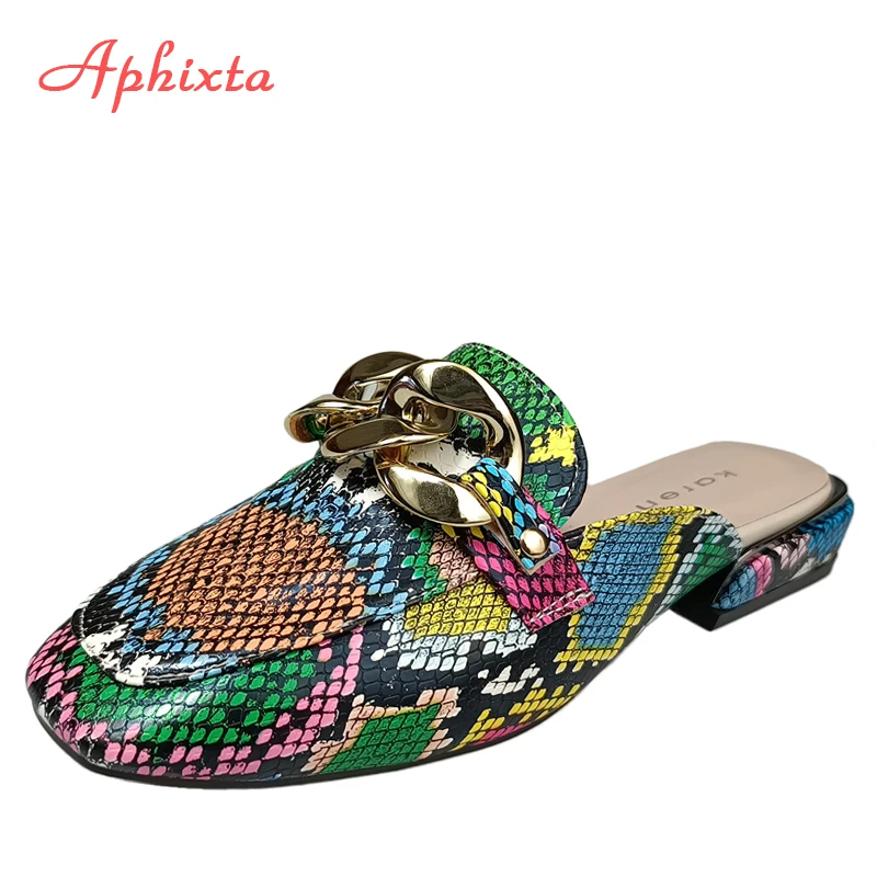 Aphixta Summer New Chain Women Snake Prints Slides Square Toe Shoes Classic Gold Buckle Rope Slippers Footwear Plus Big Size 43