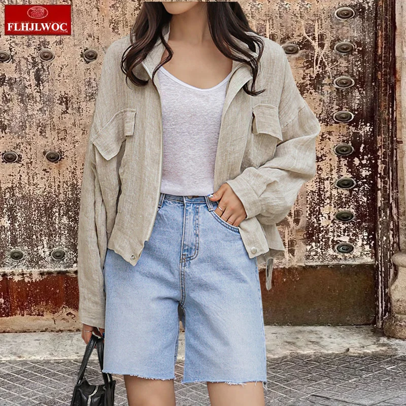 

Thin Airy Korea Style Short Outerwear Woman Casual Loose Lazy Chic Long Sleeve Cotton Blends Linen Windbreaker Coats Jackets
