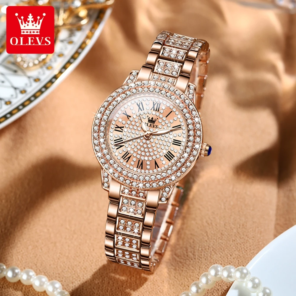 OLEVS 9943 All Diamond Original Quartz Watch for Women Rose Gold Stainless Steel Waterproof Elegant Luxury Top Ladies Wristwatch