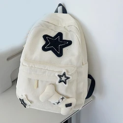 Cute Y2K Aesthetic Backpack Stars Pattern Preppy Rucksack College Student Computer Backpack Corduroy Bookbag for Girl