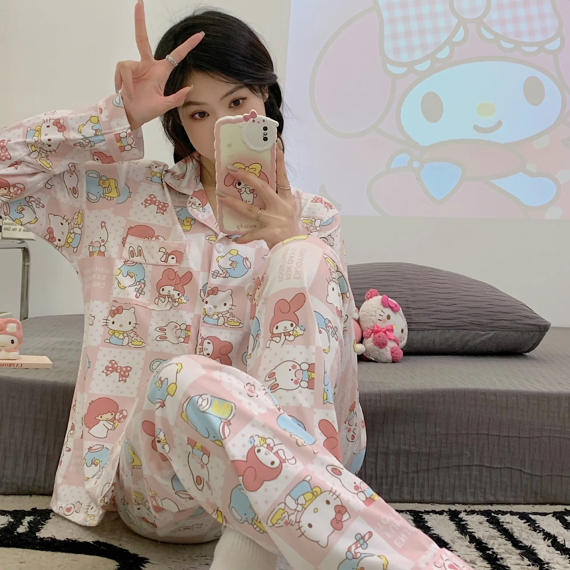 

Melody Cartoon Japanese Sle Cloud Cotton Long Sve Spwear Women's Home Clothes Set Cute Cartoon Sweet Sle Spring Autumn Wear