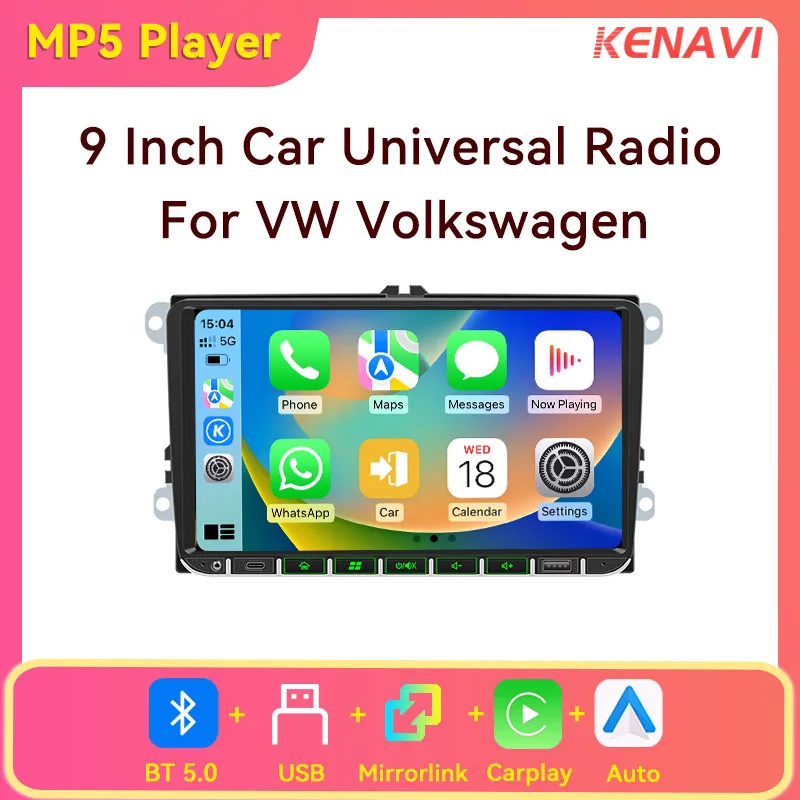 Car Head Unit Stereo Radio For Volkswagen Universal 9 Inch Wireless Carplay Android Auto BT USB AM FM RDS MP5 Multimedia Player