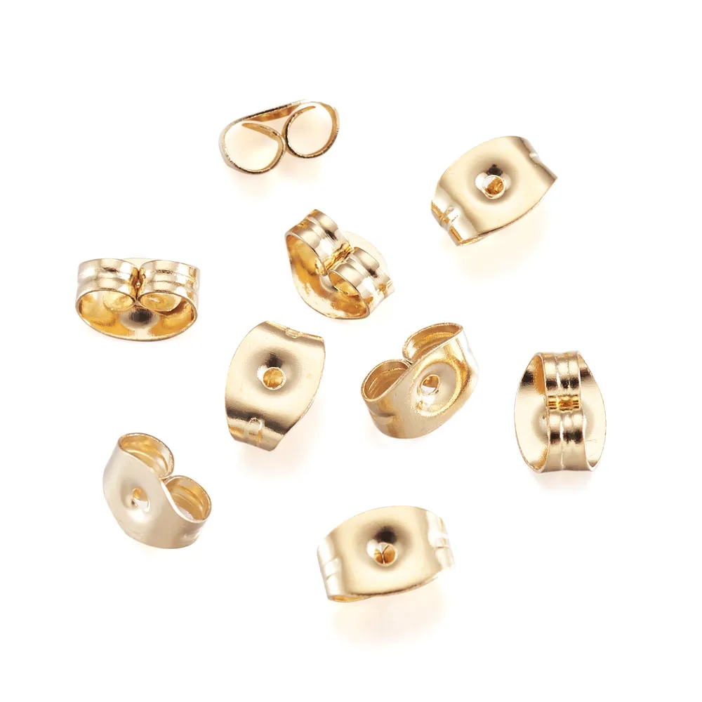 100Pcs Stainless Steel Ear Nuts 24K Gold Plated Ear Locking Earring Backs Stopper for Post Stud Earrings Jewelry Finding 6x4x3mm