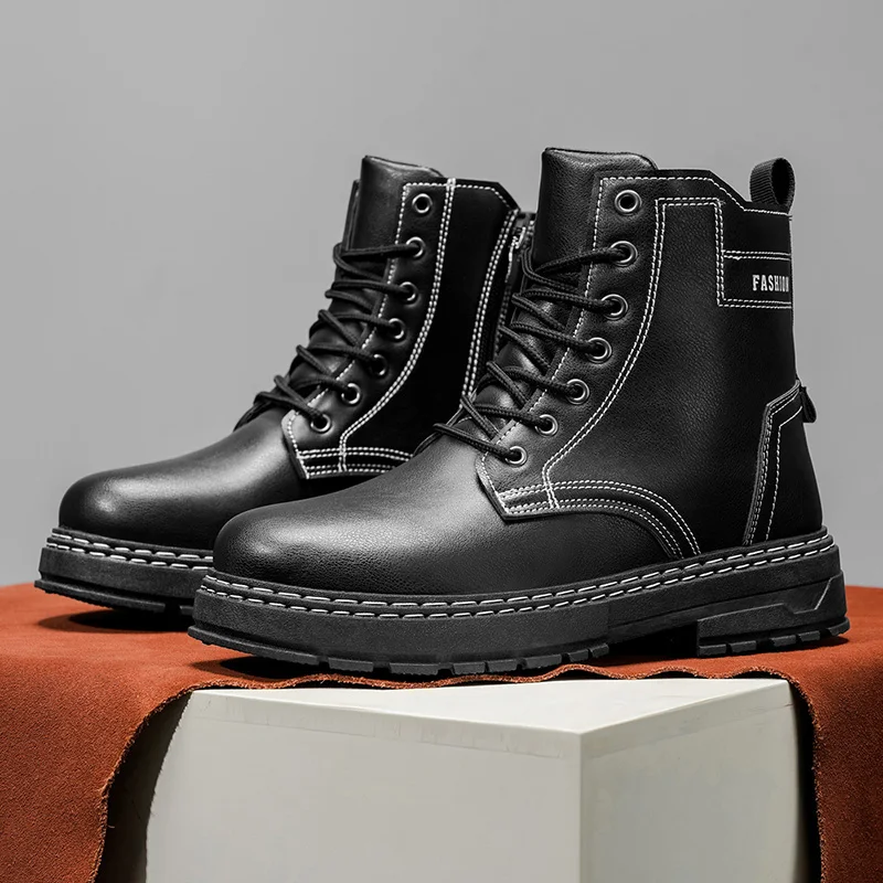 

New style men's thick-soled traditional boots, mid-top outdoor hiking street versatile black men's boots