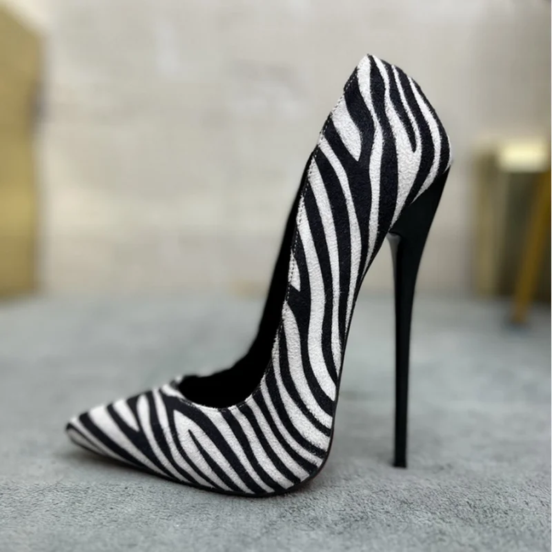 

CACA 16cm Women Pumps,Fetish Stage Dance Shallow Shoes,Sexy Zebra Pattern High Heels,Pointed Toe,Slip On,Black,Red,Big SIze 46,