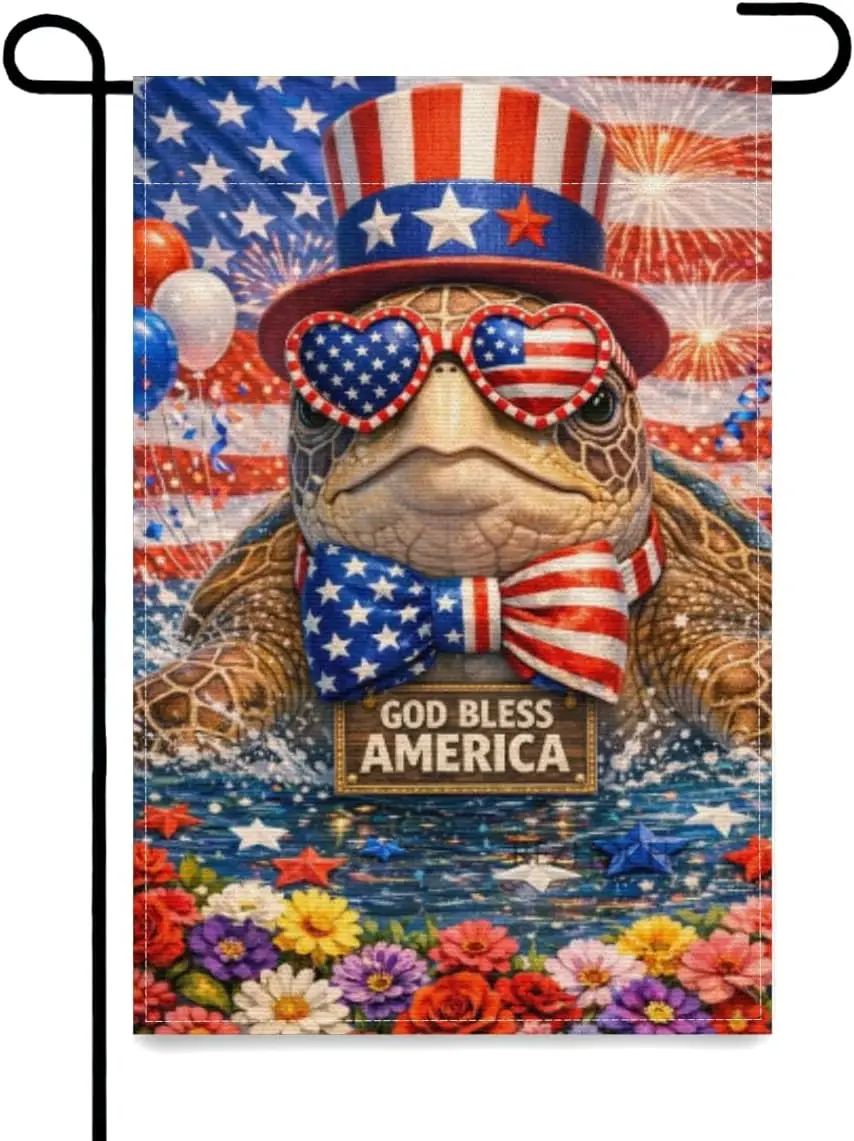 4th of July Patriotic Sea Turtle Garden Flag 12x18 Inch,Independence Day Funny Outside Yard Decor Animal American Flag Hat S ZZM