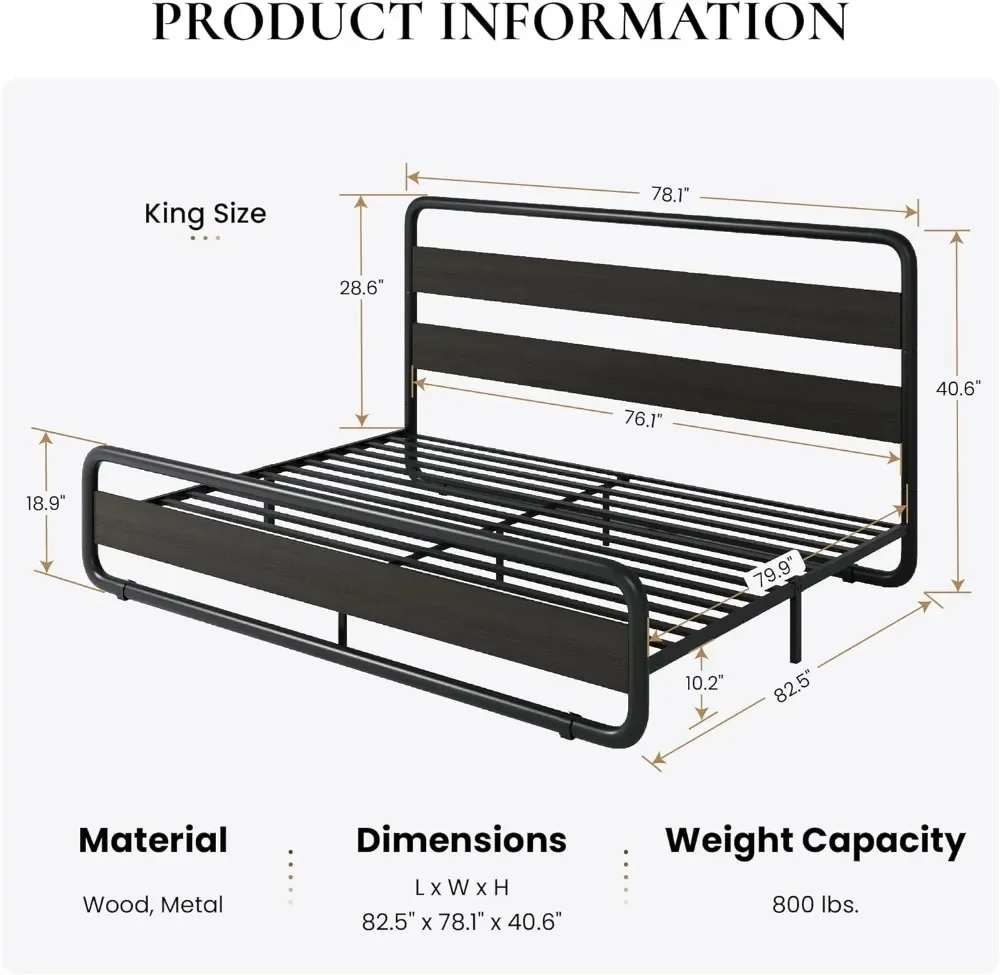 King Size Metal Bed Frame with Wooden Headboard and Footboard, Heavy Duty Platform Bed Frame with 10