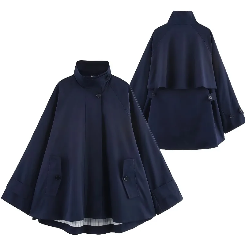 

Casual Chic Women's Cape Jacket – High Collar Long Sleeves, Hidden Button Zipper, Loose Hem Spring Summer New Outerwear Jacket