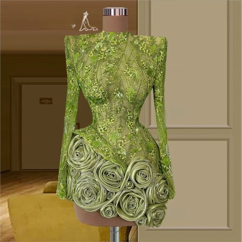 

Fashionable green long-sleeved floral short dress for birthday party events