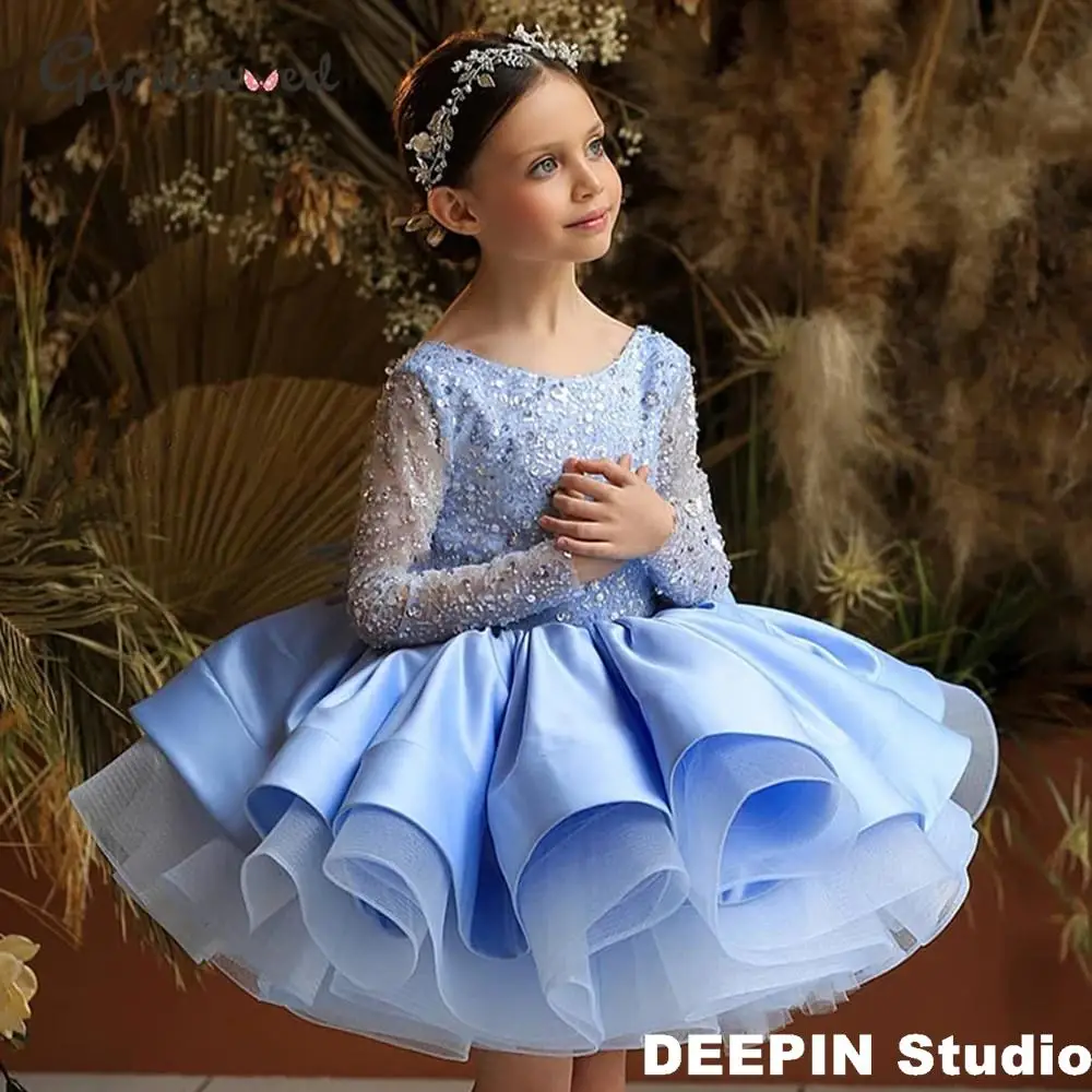 Lush Dresses For Girls EidalFitr Dresses 2024 New Crystal Beads Puffy Luxury Childrens Dresses For Party Elegant Princess Girls