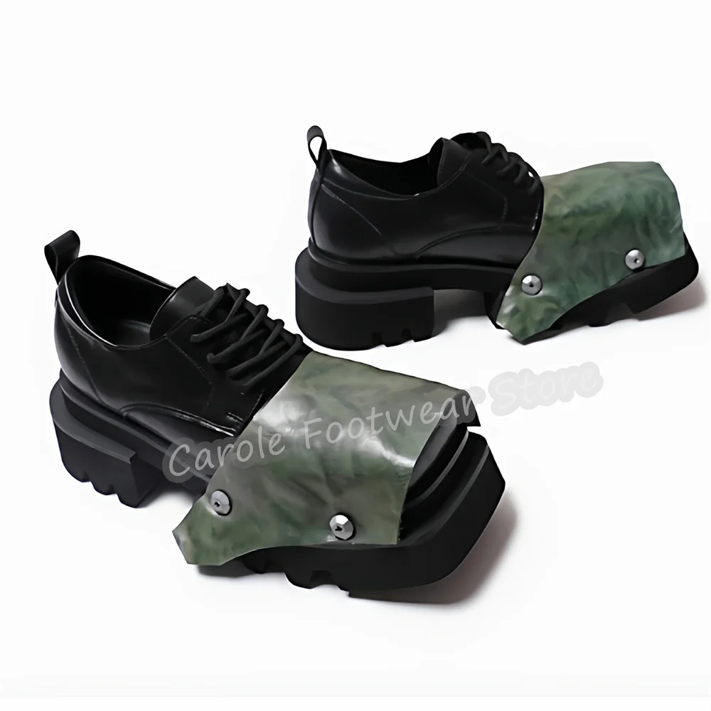 Fashion Square Toe Chunky Bottom Derby Shoes for Men Rivet Decor Lace-Up High Increasing Lace-Up Loafers Male Western Oxfords view 6