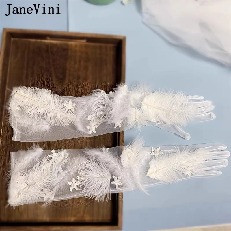 JaneVini White Feather Bridal Wedding Gloves for Bride 55cm Long Mesh Tulle Pearls Flowers Handschuhe Elegant Women Party Gloves