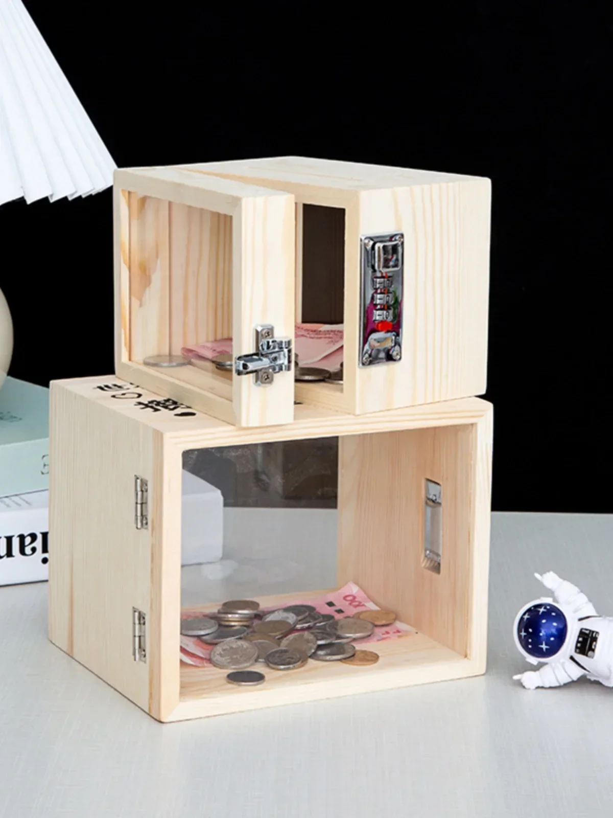 Creative large transparent piggy bank, solid wooden lockable password box