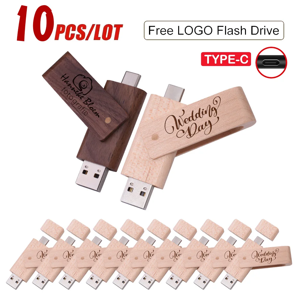 

10 шт./лот деревянный USB-флешка TYPE-C 128 ГБ, вращающийся U-диск 64 ГБ, реальная емкость 32 ГБ, USB-накопитель 16 ГБ, 8 ГБ, 4 ГБ
