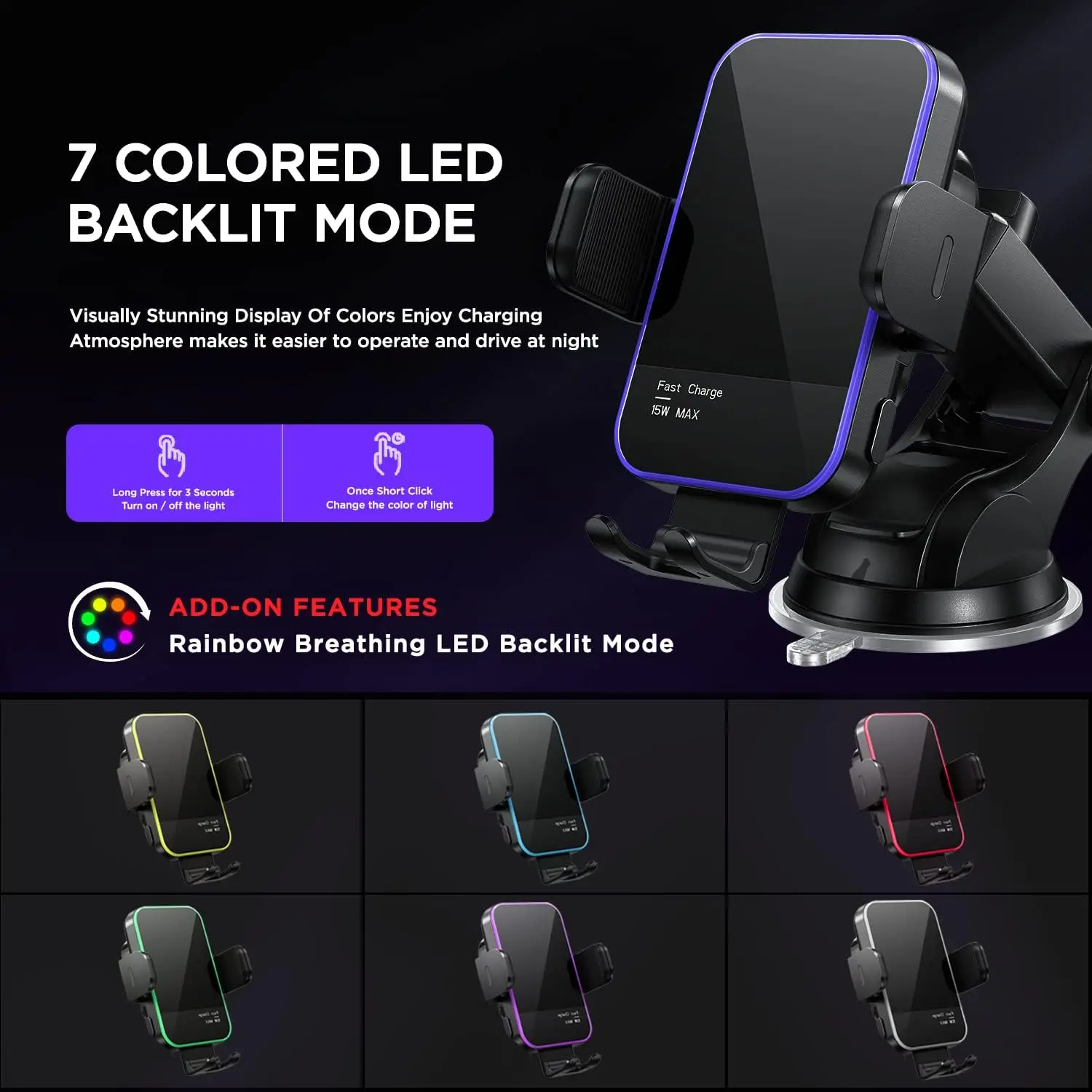 Car Phone Holder,【7 Colored LED Backlit】15W Auto Clamping  Mount，Wireless Car Charger for iPhone Samsung Galaxy S23 Ultra , etc