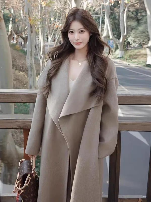 

Женское двустороннее шерстяное пальто Ele в корейском стиле, новинка зимы, средней длины, с отложным воротником, верхняя одежда