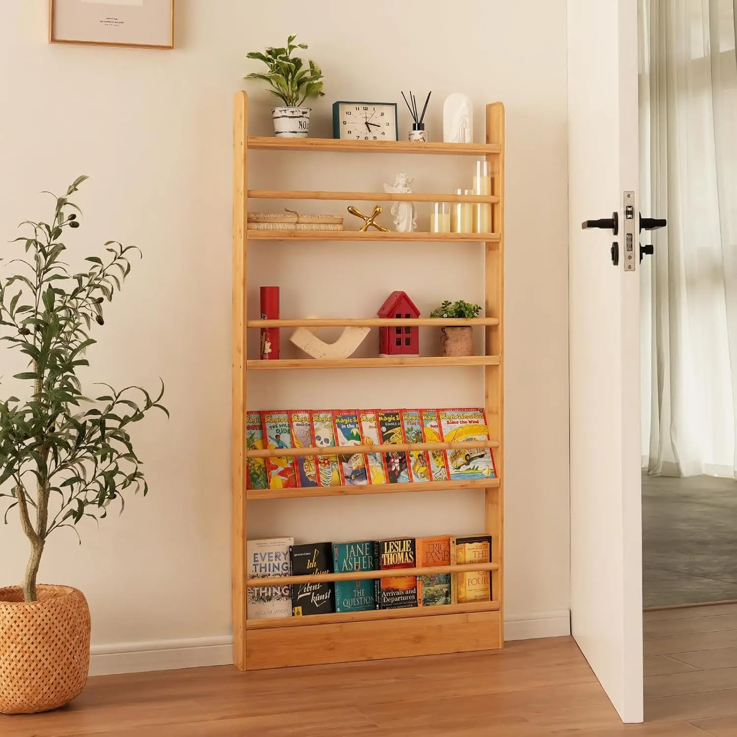 

Kids Bookshelf, 5 Tier Shelves Behind The Door Book Shelf Storage, Children's Bamboo Bookcase Space- Saving, Wall Mount