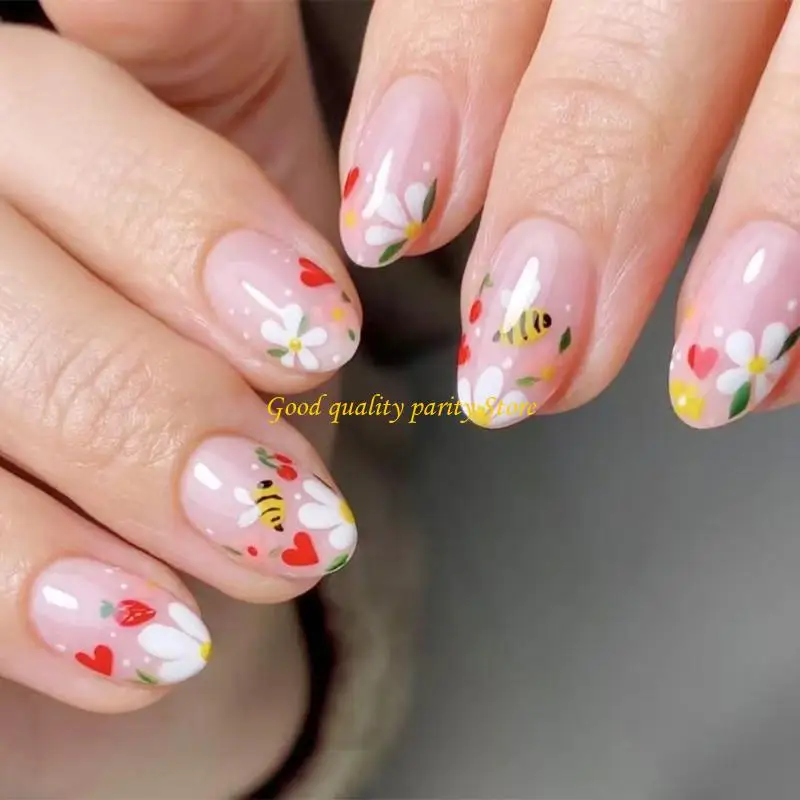 

M4YA 24 PCS прекрасные пчелы Искусственные гвоздь короткая овальная полная крышка.