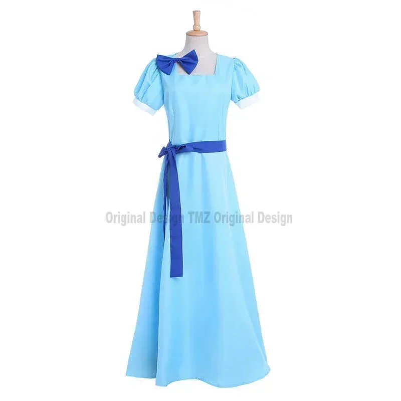 Peter Pan Wendy Cosplay Costume Women Blue Long Dress Half Sleeve Party Princess Dress Adult Halloween Dress with Belt Bowkno72b