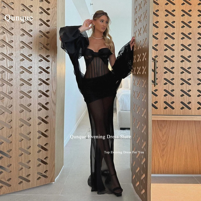 

Qunque High Quality Black Organza Formal Prom Dress Detachable Puff Sleeves Corset Mermaid Evening Dress Party Dress Customized