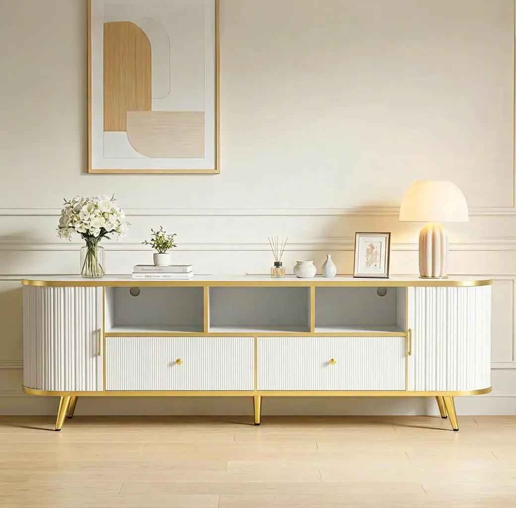 

White Fluted 70 Inch Tv Stand Media Console Entertainment Center For Living Room Holds Up To 80 Inch Tvs With Curved Profile Dra