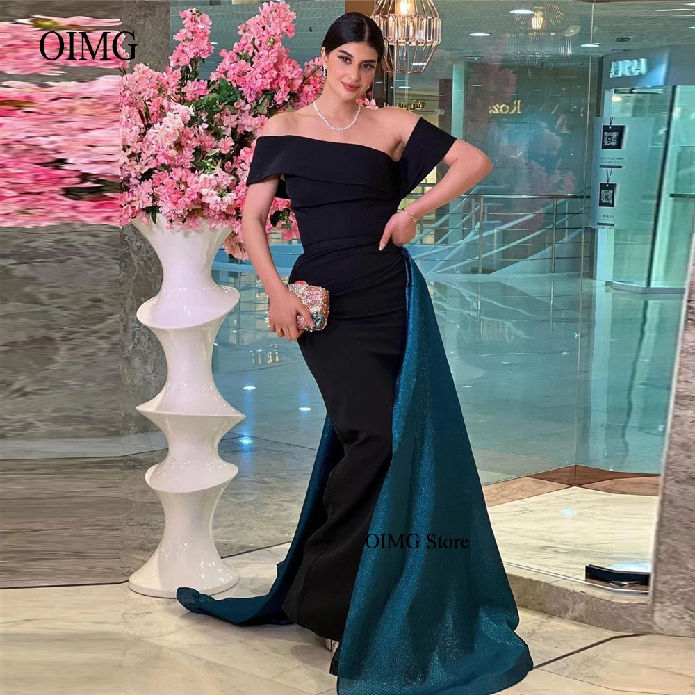 

Black Mermaid Long Evening Dresses Off the Shoulder Short Sleeves Party Prom Gowns Dubai Arabic Women Formal Event Dress