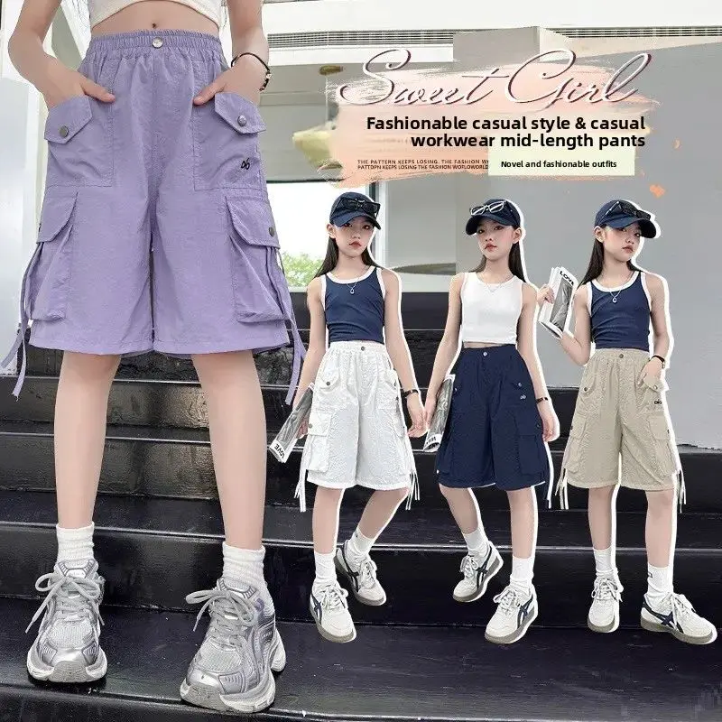 Summer Short Girls Pants for Kids 3-14 Years Old with Big Pockets Trendy Teenage Trousers Children's Birthday Present