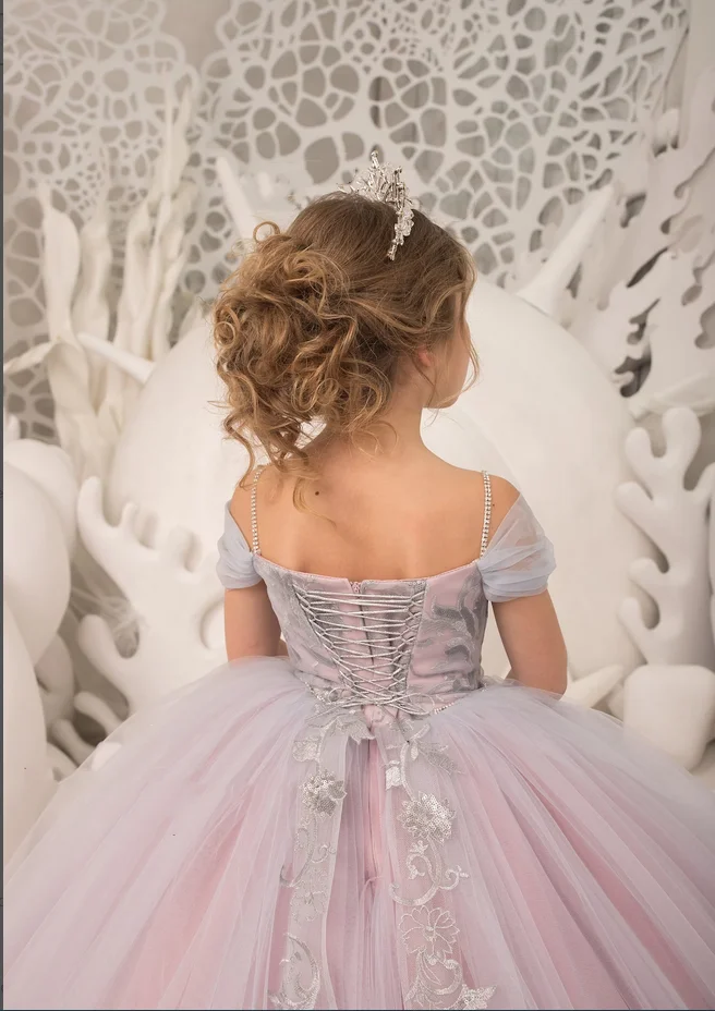 Silver Appliques Princess Flower Girl Dresses Tulle Long Child Pageant Wedding Party Birthday Dress Off Shoulder Prom Ball Gown