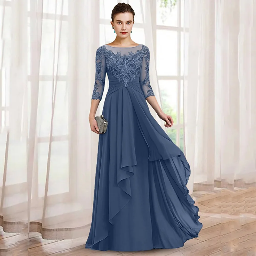 CC  Elegant A-Line Mother Of the Bride Dresses Chiffon Appliques Long Party Dresses Woman For Weddings Pleat Vestido De Noche